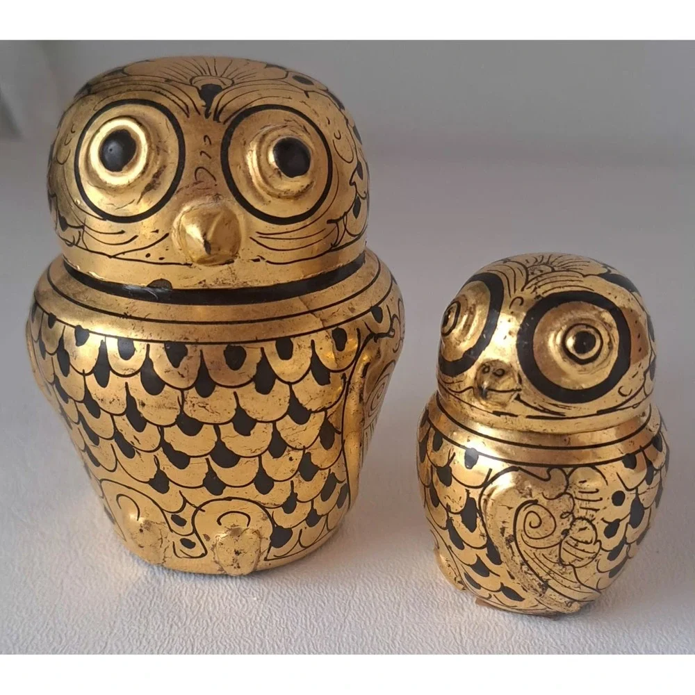 Vintage Burmese Owl Gold Gilt Lacquer Nesting Boxes Set Of 2